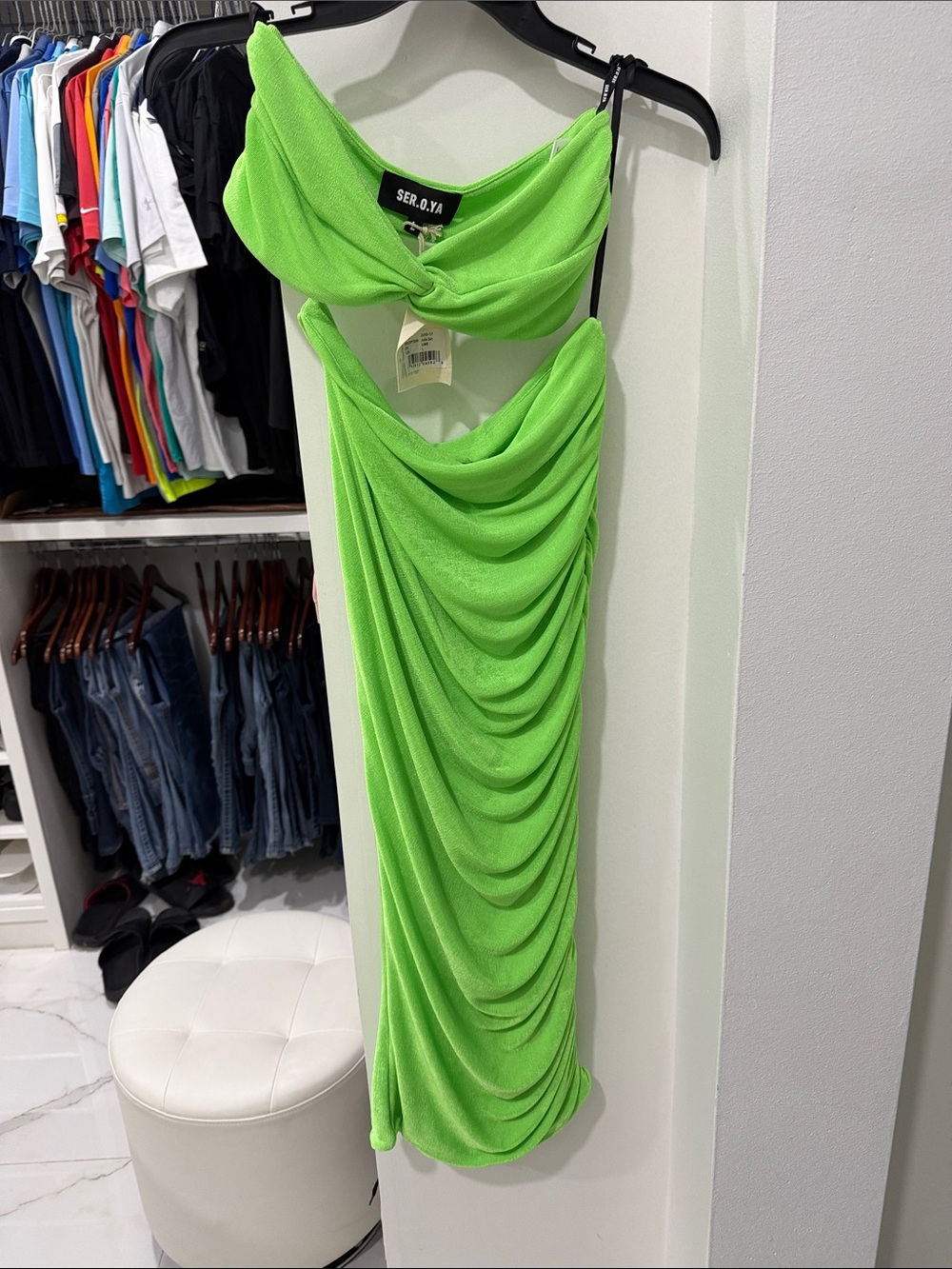 SER.O.YA Neon Green Draped Cutout Midi skirt and top SET